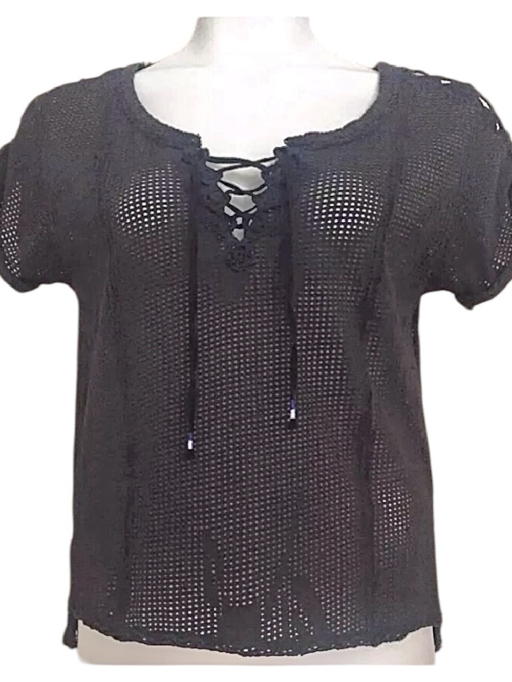 🩶 Free People Charcoal Open Knit Lace-Up Top | Cutout Shoulders & Contrast |Sz S